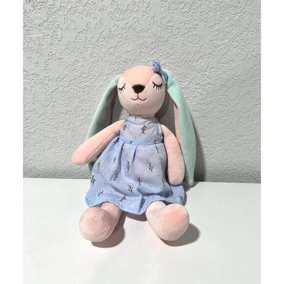 Other - Unbranded Kids Girl Bunny Stuffed Animal Pink Easter Bunny Blue Dress Floral Bow